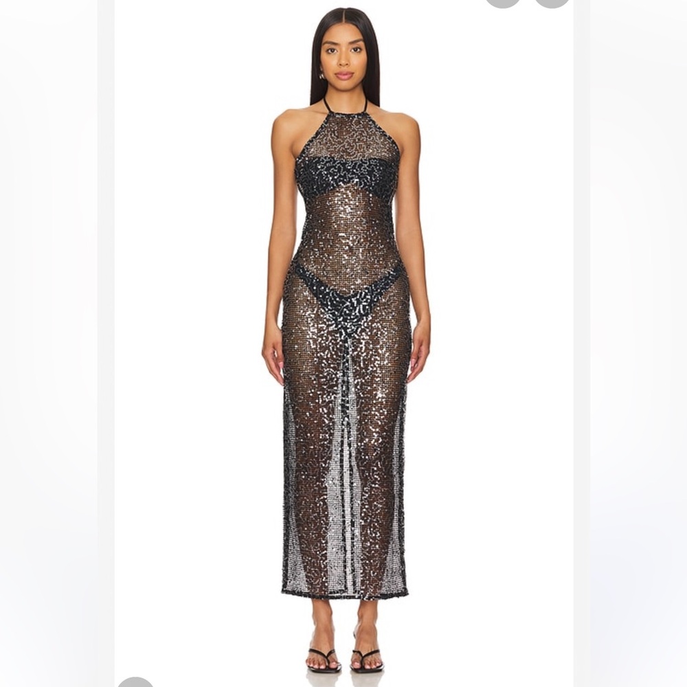 x Bridget The Coco Maxi Dress in Black - Sequin Halter Evening Dress